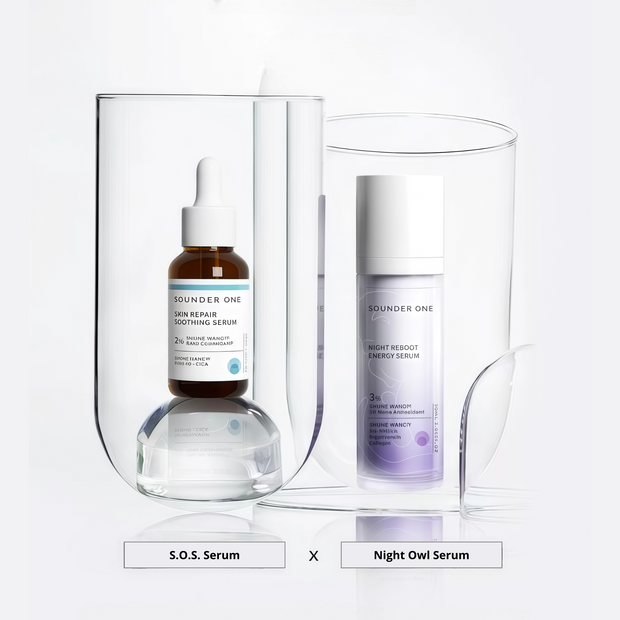 Late-Night Savior Duo bottles, SOS and Night Owl Serum